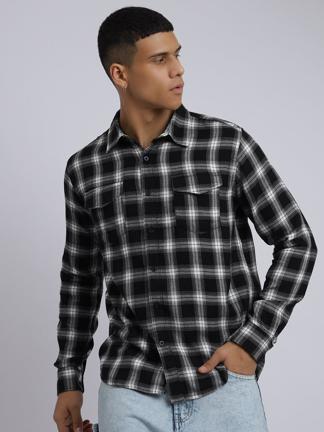 Men Black Regular Fit Buffalo Checks Flannel Shirt